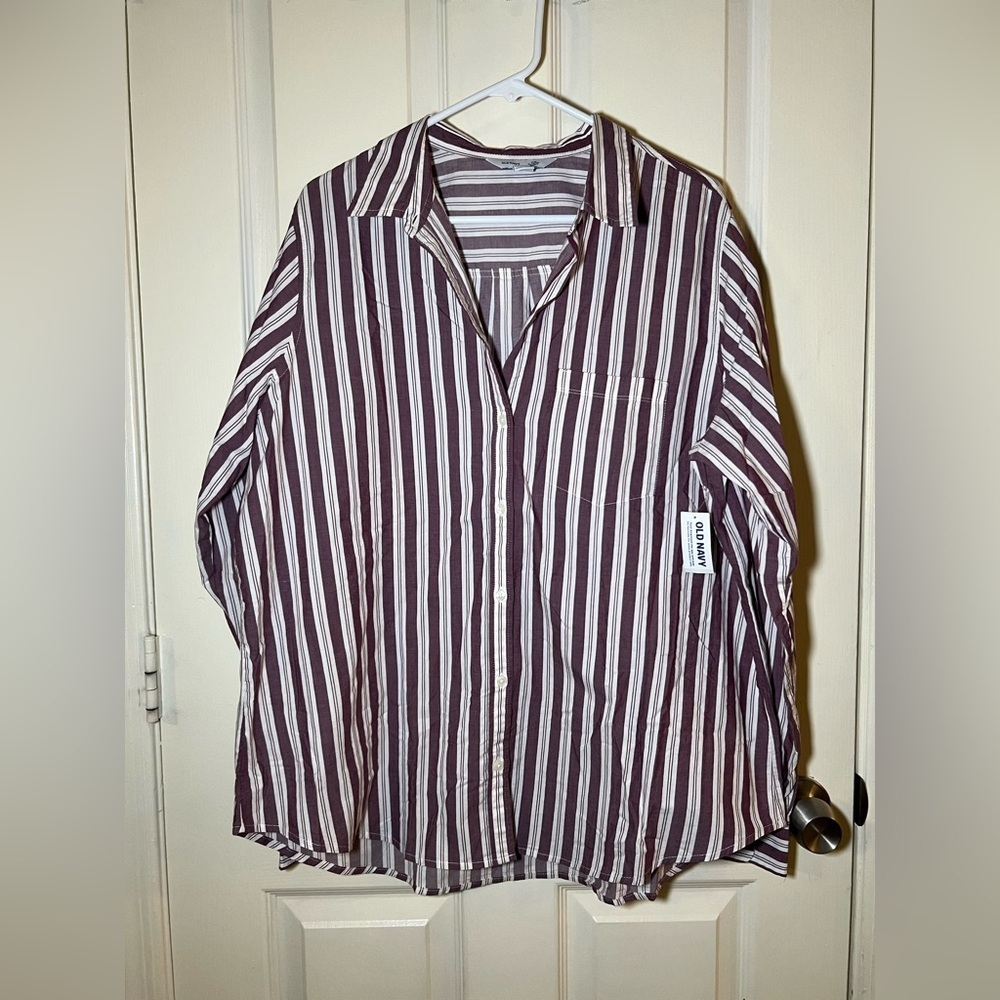 Old Navy Striped Button Down Shirt XL Tall Maroon White Classic Fit NWT